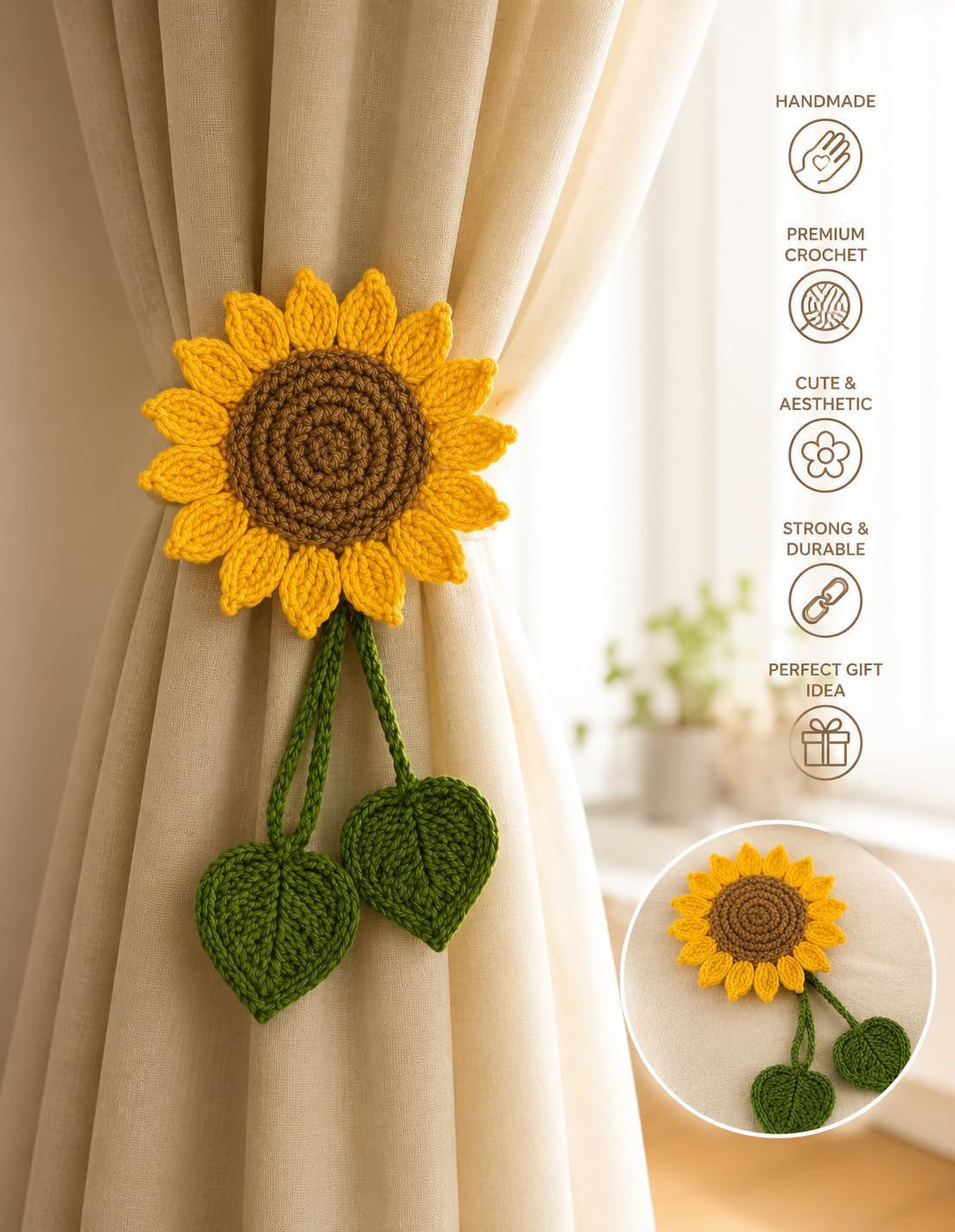 Sehura Handmade Crochet Sunflower Curtain Tieback for Home Décor